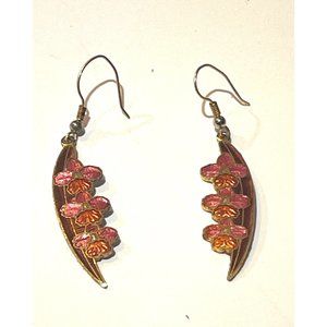 Gold-tone Cloisonné Dangle Drop Peach Pink Enamel Vintage Floral Earrings